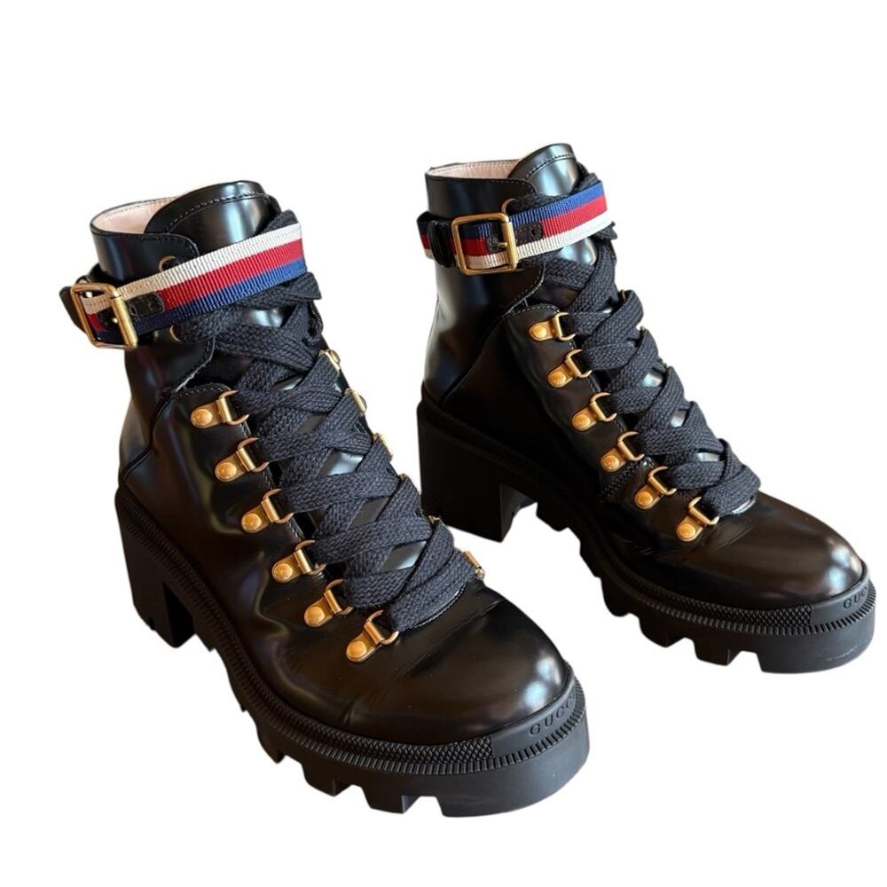 Gucci Trip Leather Sylvie Web Lace Up Combat Boots EU 37 US 7